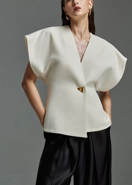 V White Elegant Summer Top Button Neck FashionChic