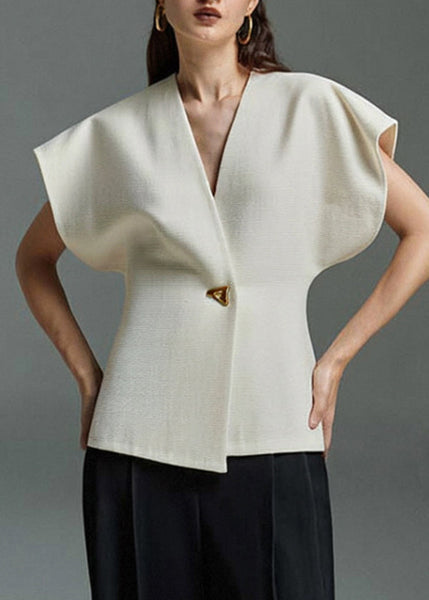 V White Elegant Summer Top Button Neck FashionChic