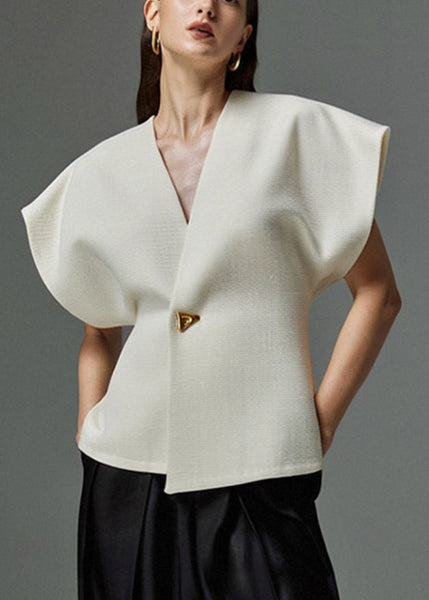 V White Elegant Summer Top Button Neck FashionChic