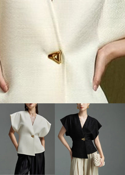 V White Elegant Summer Top Button Neck FashionChic