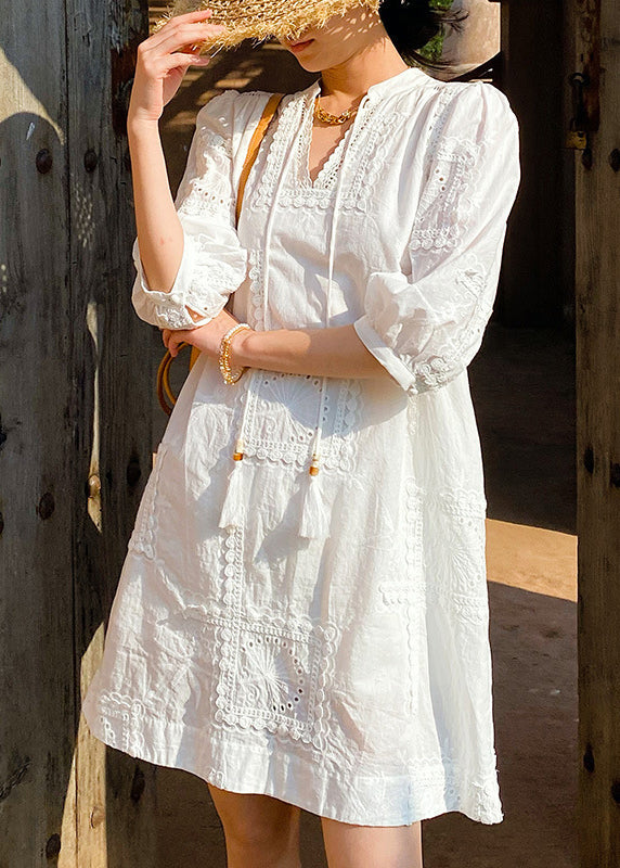 Neck Pockets Cotton Hollow Dress Elegant Out Sleeve V White Half FashionChic