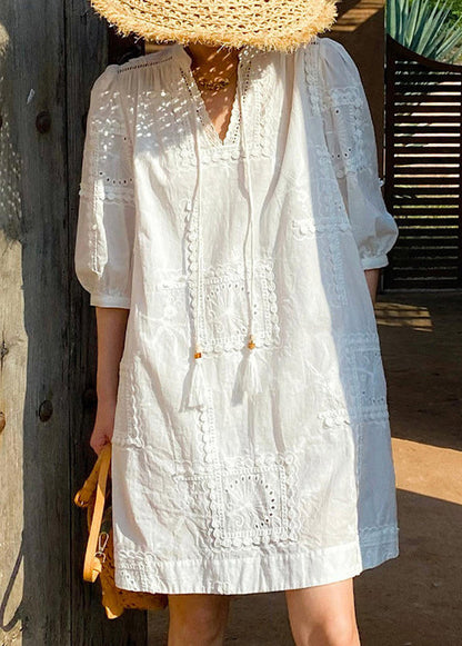 Neck Pockets Cotton Hollow Dress Elegant Out Sleeve V White Half FashionChic