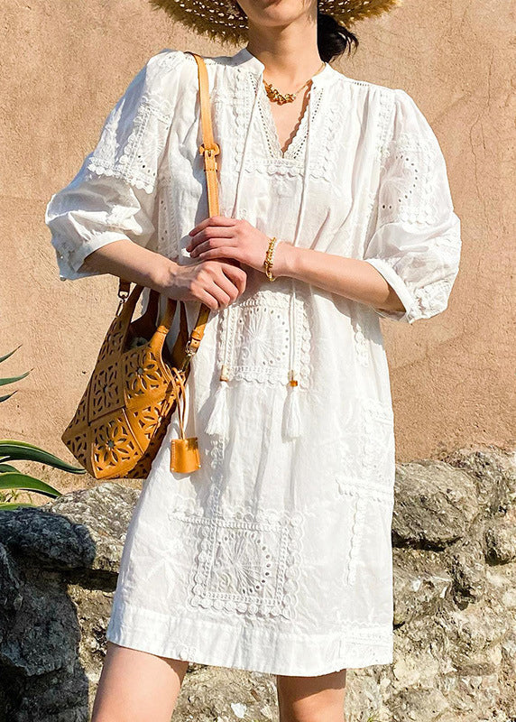 Neck Pockets Cotton Hollow Dress Elegant Out Sleeve V White Half FashionChic