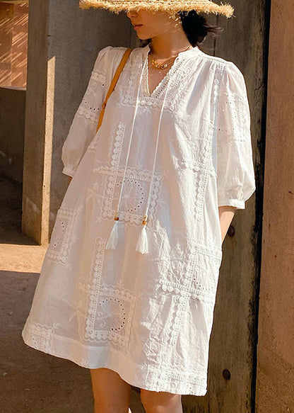 Neck Pockets Cotton Hollow Dress Elegant Out Sleeve V White Half FashionChic