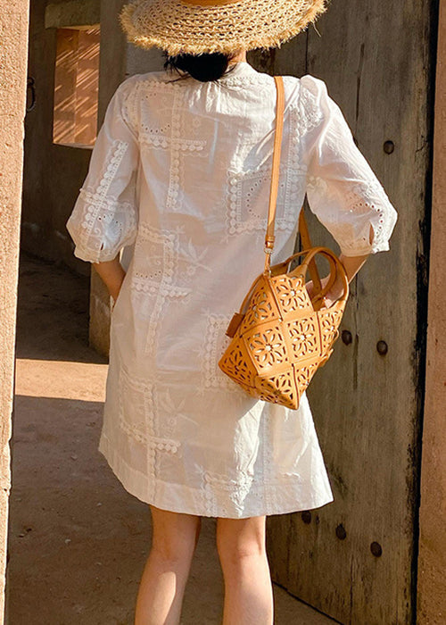 Neck Pockets Cotton Hollow Dress Elegant Out Sleeve V White Half FashionChic