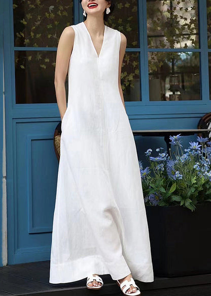 White Sleeveless Neck Patchwork Long V Elegant Dresses FashionChic
