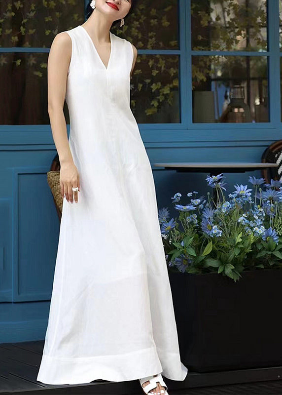White Sleeveless Neck Patchwork Long V Elegant Dresses FashionChic