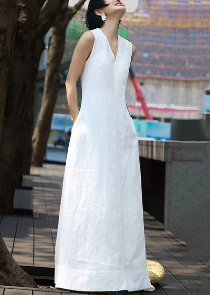 White Sleeveless Neck Patchwork Long V Elegant Dresses FashionChic