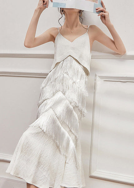 White Neck Tasseled Elegant Strap V Sleeveless Dress Spaghetti FashionChic