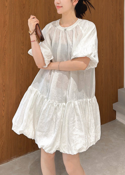 Wrinkled Mid Sleeve Elegant Linen Puff White Dress Solid FashionChic