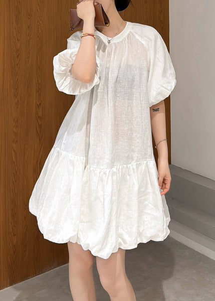 Wrinkled Mid Sleeve Elegant Linen Puff White Dress Solid FashionChic