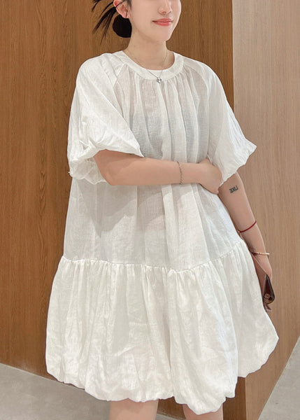 Wrinkled Mid Sleeve Elegant Linen Puff White Dress Solid FashionChic