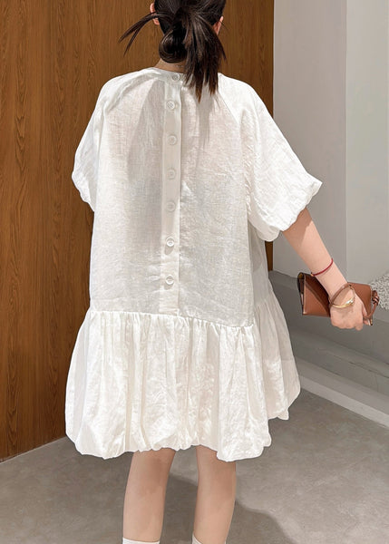 Wrinkled Mid Sleeve Elegant Linen Puff White Dress Solid FashionChic