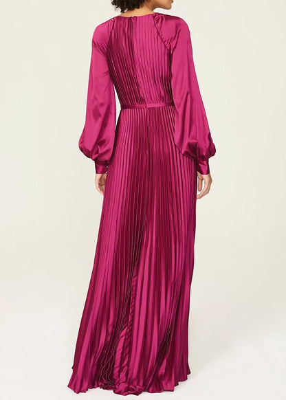 Elegant Wine Red O Neck Wrinkled High Waist Silk Dresses Fall QR036 OM-ZS240929