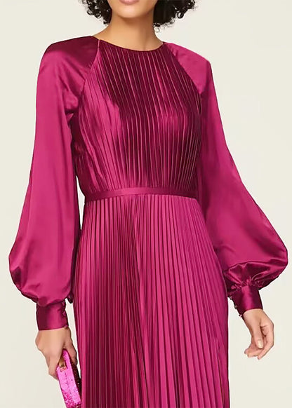 Elegant Wine Red O Neck Wrinkled High Waist Silk Dresses Fall QR036 OM-ZS240929