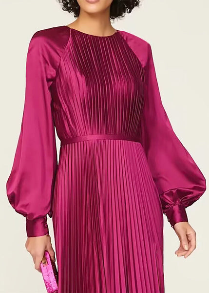 Elegant Wine Red O Neck Wrinkled High Waist Silk Dresses Fall QR036 OM-ZS240929