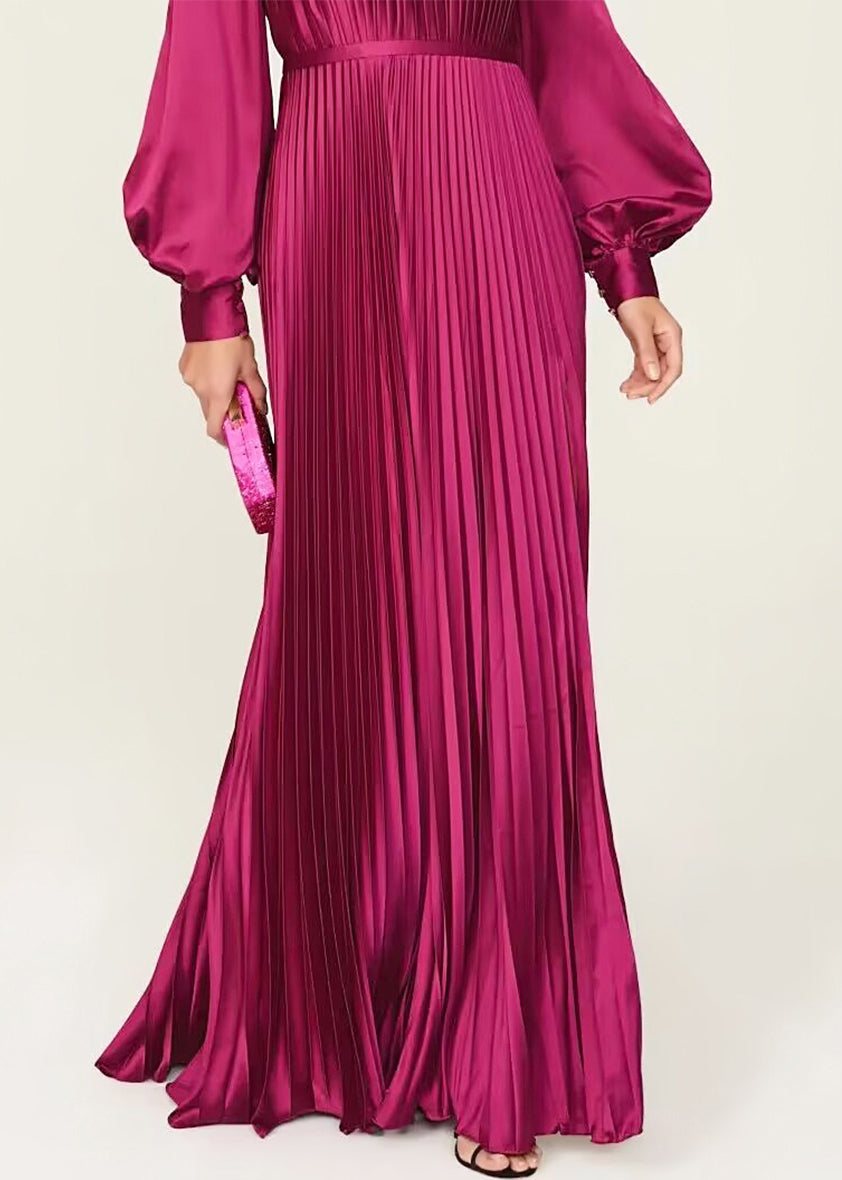 Elegant Wine Red O Neck Wrinkled High Waist Silk Dresses Fall QR036 OM-ZS240929