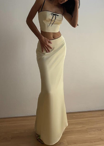 Elegant Yellow Bow Spaghetti Strap Tank And Skirts Silk Two Pieces Set Sleeveless YZ059 ABC