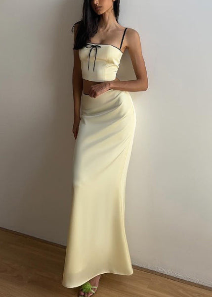 Elegant Yellow Bow Spaghetti Strap Tank And Skirts Silk Two Pieces Set Sleeveless YZ059 ABC