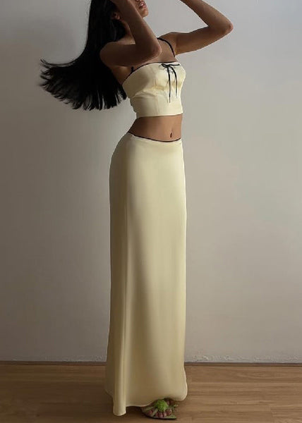 Elegant Yellow Bow Spaghetti Strap Tank And Skirts Silk Two Pieces Set Sleeveless YZ059 ABC