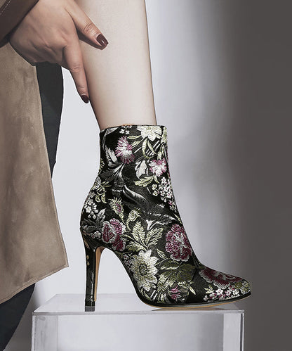 Elegant Yellow Embroidered Zippered Silk Velour High Heel Ankle Boots RT1070 Ada Fashion