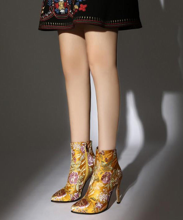 Elegant Yellow Embroidered Zippered Silk Velour High Heel Ankle Boots RT1070 Ada Fashion