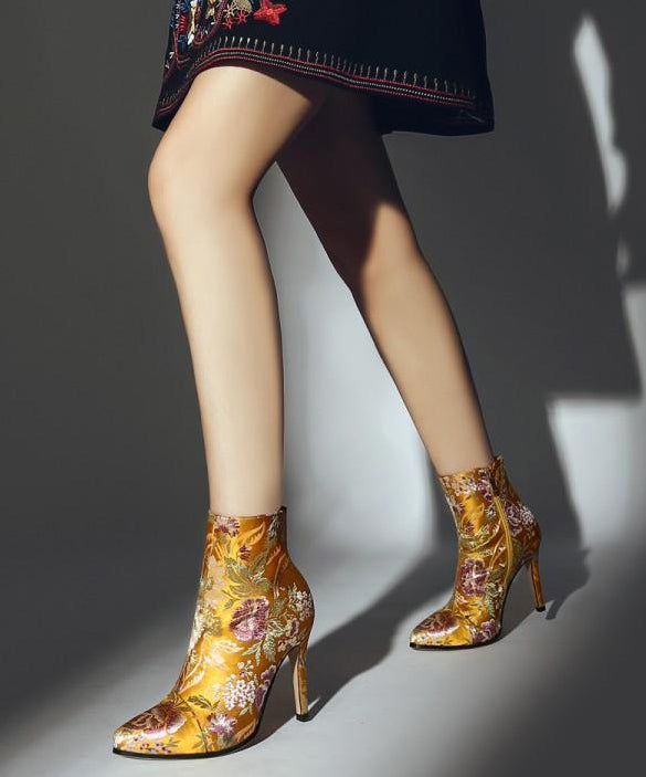 Elegant Yellow Embroidered Zippered Silk Velour High Heel Ankle Boots RT1070 Ada Fashion