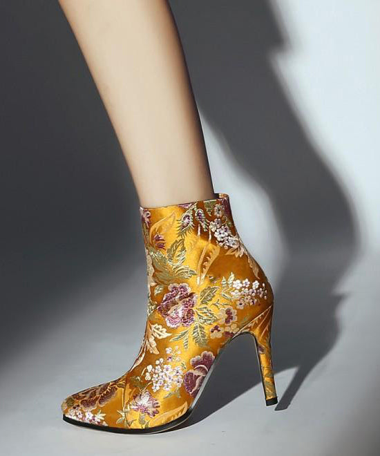 Elegant Yellow Embroidered Zippered Silk Velour High Heel Ankle Boots RT1070 Ada Fashion