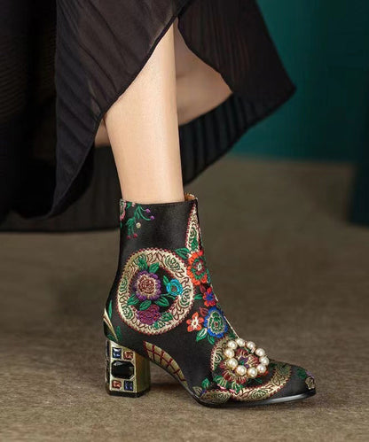 Elegant Yellow Embroidered Zircon Satin Chunky Ankle Boots RT1082 Ada Fashion