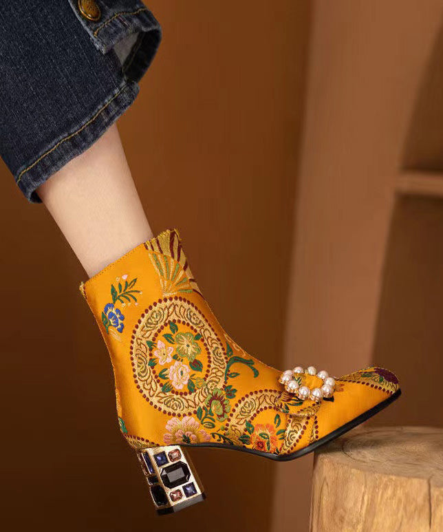 Elegant Yellow Embroidered Zircon Satin Chunky Ankle Boots RT1082 Ada Fashion