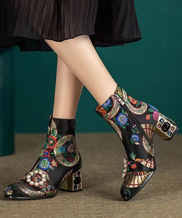 Elegant Yellow Embroidered Zircon Satin Chunky Ankle Boots RT1082 Ada Fashion