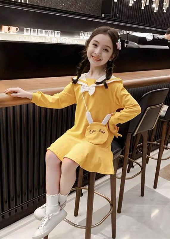 Elegant Yellow O-Neck Patchwork Girls A Line Mid Dress Long Sleeve SS1062 MM-RCTZ-FDM240601