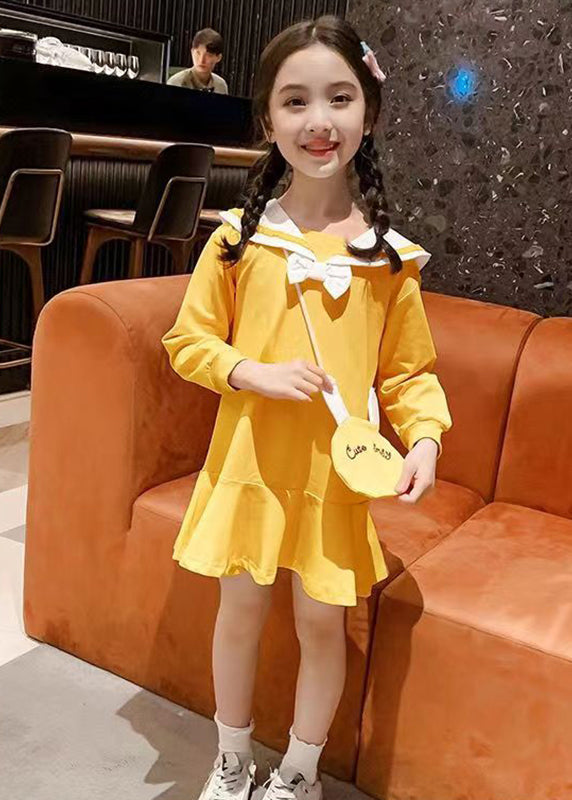 Elegant Yellow O-Neck Patchwork Girls A Line Mid Dress Long Sleeve SS1062 MM-RCTZ-FDM240601