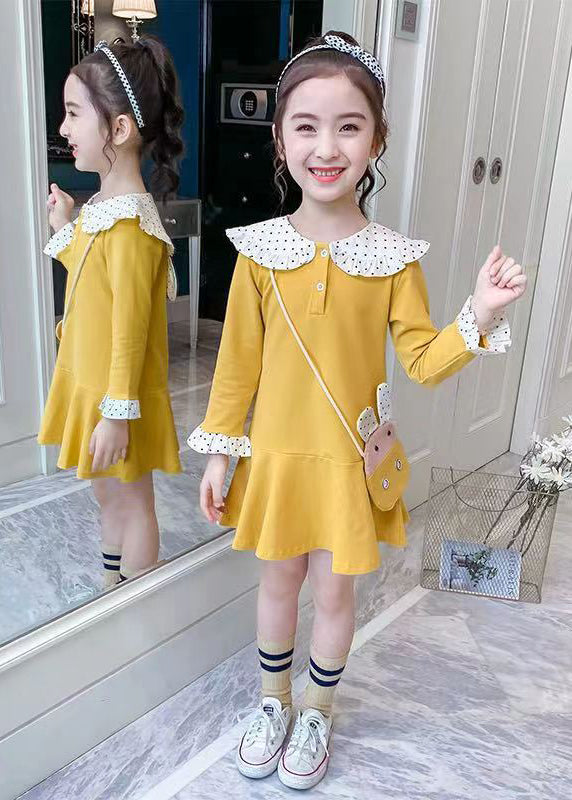 Elegant Yellow O-Neck Patchwork Girls A Line Mid Dress Long Sleeve SS1062 MM-RCTZ-FDM240601