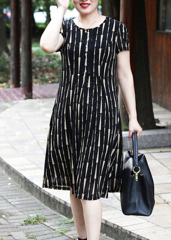 Elegant Yellow O-Neck Striped Long Dress Short Sleeve VB1001 Ada Fashion