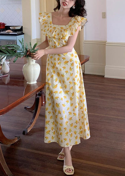 Elegant Yellow Ruffled Print Cotton Long Dress Sleeveless ZL017 SH-LF-SDL240621