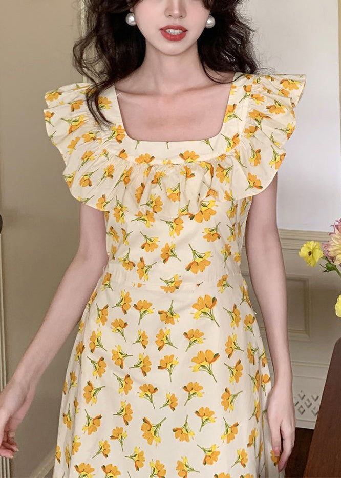 Elegant Yellow Ruffled Print Cotton Long Dress Sleeveless ZL017 SH-LF-SDL240621