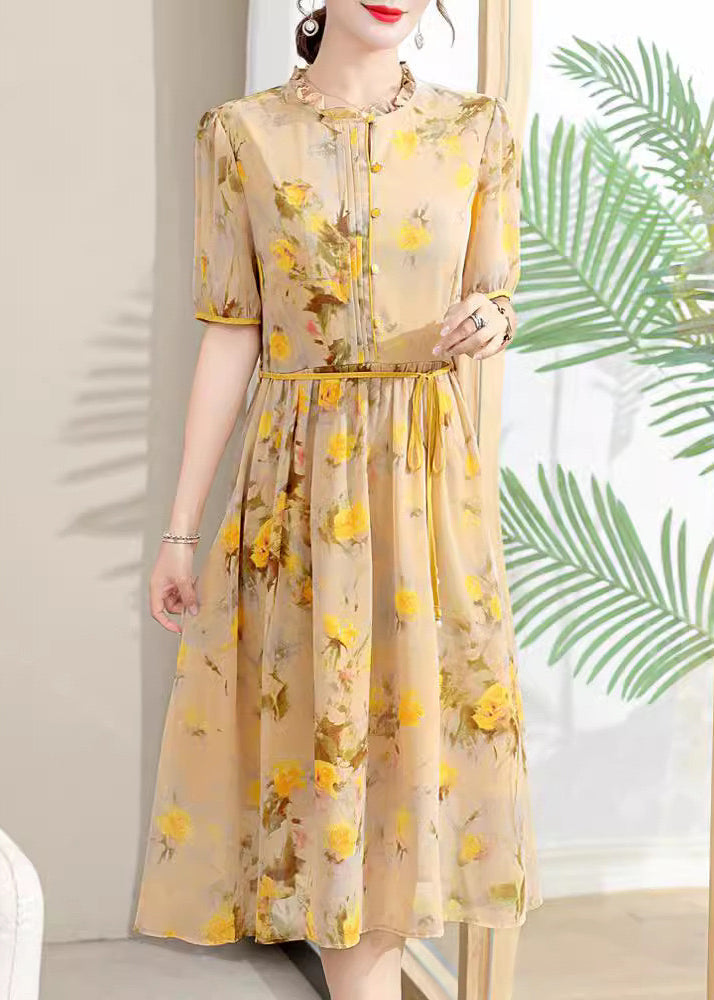 Elegant Yellow Ruffled Print Lace Up Chiffon Dresses Summer BB032 Hawaii-SDL240622