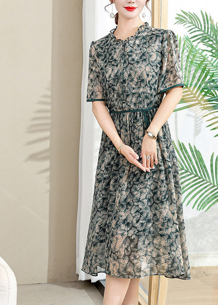 Elegant Yellow Ruffled Print Lace Up Chiffon Dresses Summer BB032 Hawaii-SDL240622