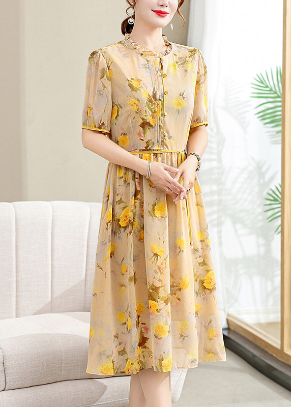 Elegant Yellow Ruffled Print Lace Up Chiffon Dresses Summer BB032 Hawaii-SDL240622