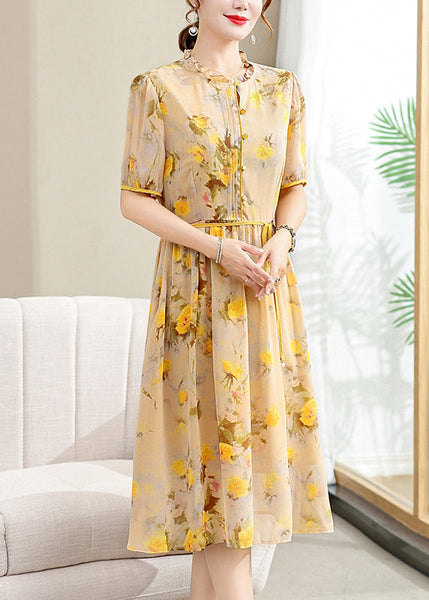 Elegant Yellow Ruffled Print Lace Up Chiffon Dresses Summer BB032 Hawaii-SDL240622