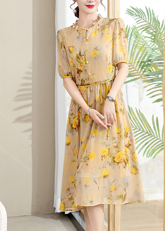 Elegant Yellow Ruffled Print Lace Up Chiffon Dresses Summer BB032 Hawaii-SDL240622