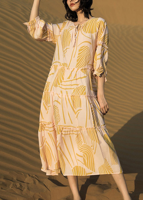 Print Up Yellow Cotton Dresses Long Ruffled Half Lace Elegant FashionChic