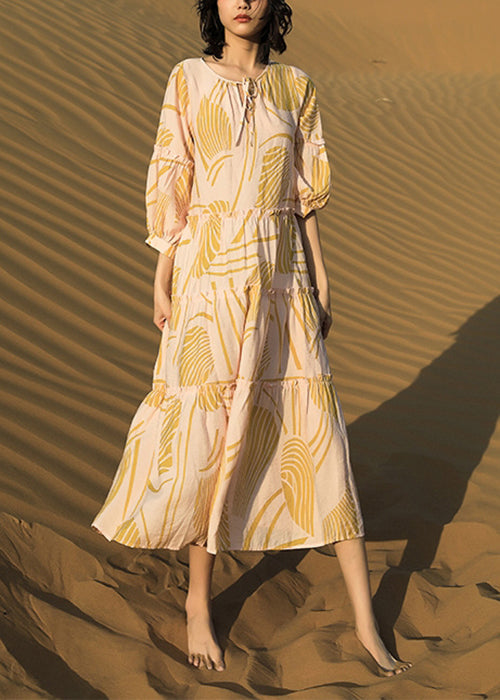 Print Up Yellow Cotton Dresses Long Ruffled Half Lace Elegant FashionChic