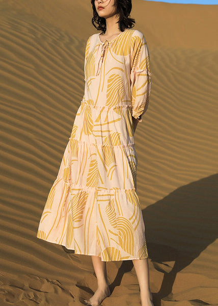 Print Up Yellow Cotton Dresses Long Ruffled Half Lace Elegant FashionChic