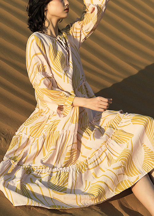 Print Up Yellow Cotton Dresses Long Ruffled Half Lace Elegant FashionChic