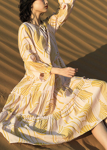 Print Up Yellow Cotton Dresses Long Ruffled Half Lace Elegant FashionChic