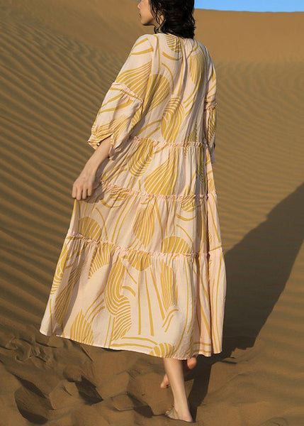 Print Up Yellow Cotton Dresses Long Ruffled Half Lace Elegant FashionChic