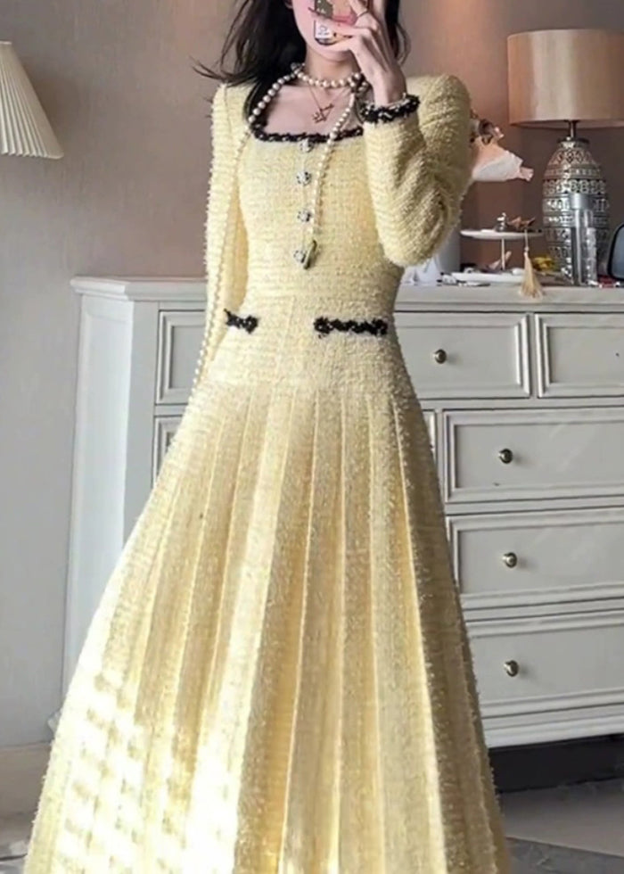 Elegant Yellow Square Collar Solid Pleated Dresses Fall WQ032 OL-FDL241031