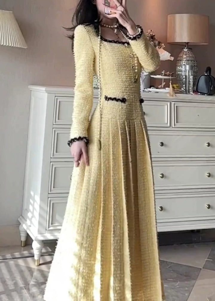 Elegant Yellow Square Collar Solid Pleated Dresses Fall WQ032 OL-FDL241031